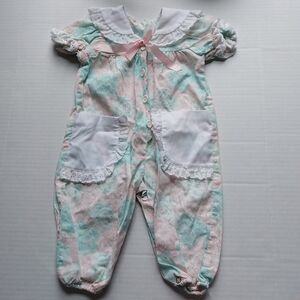 Vintage EVY 90s Baby Girls Romper 12 Months Light Pink Blue With Lace And Bow